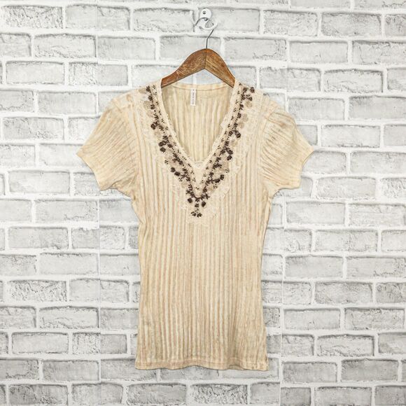 David Cline Embellished Vneck Tee Shirt Cotton Women's Large - Picture 5 of 8